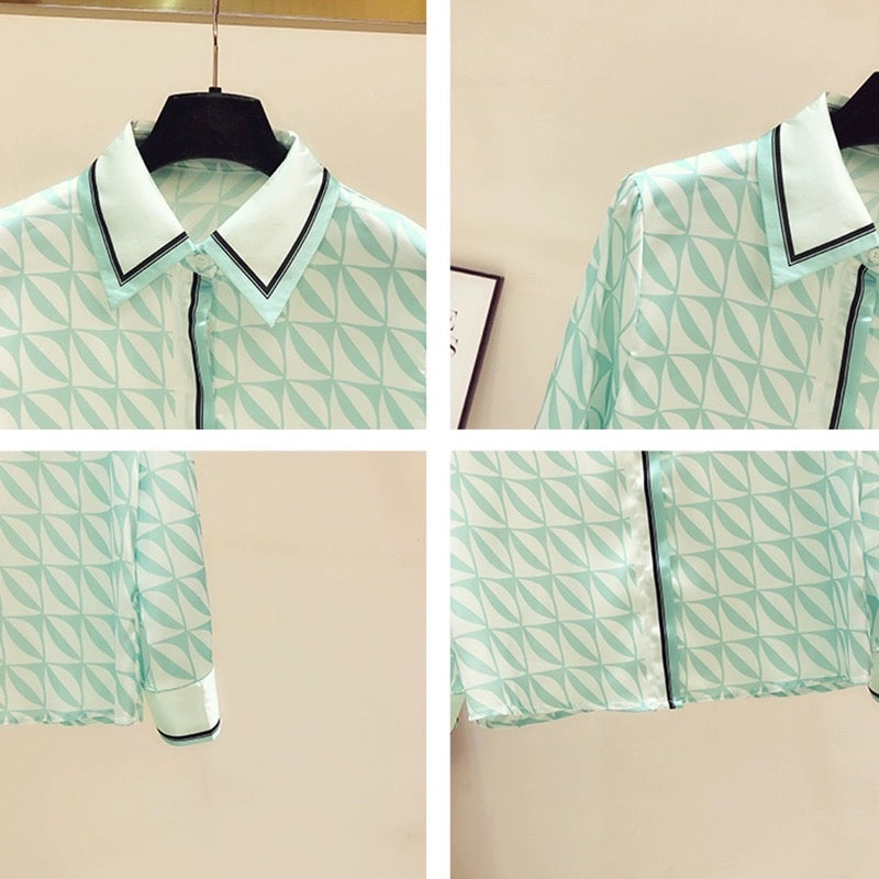 High-end light luxury silk printed shirt feminine temperament fashion foreign style long-sleeved top design sense niche spring and autumn shirt