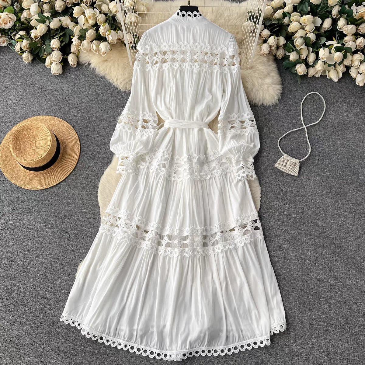 French retro palace style stand-up collar hollow single-breasted long-sleeved dress with waist and elegant high-end feel (S0991)
