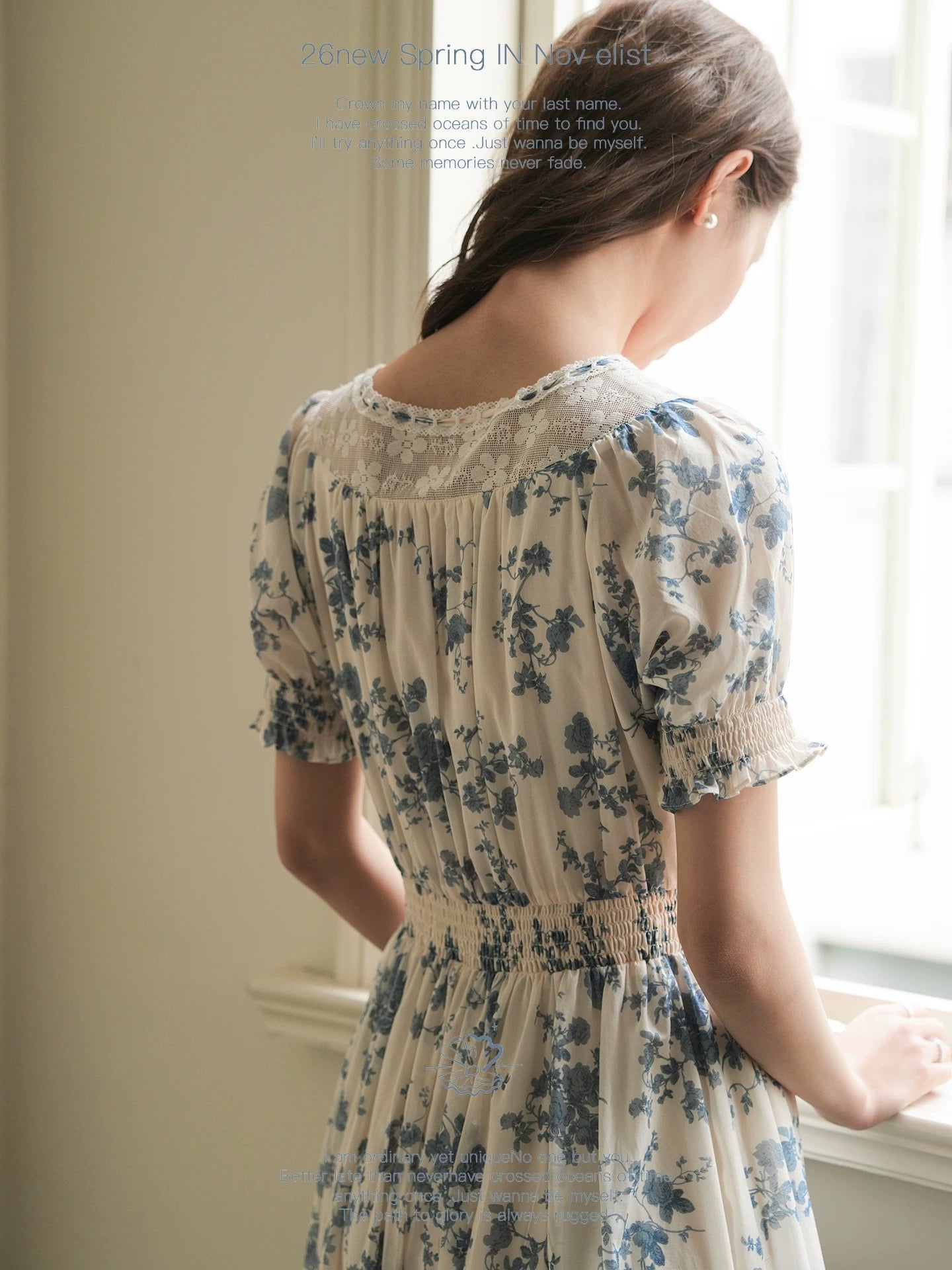 Nov elist One Elegant Tie-Waist Slimming Blue Floral Dress for Summer