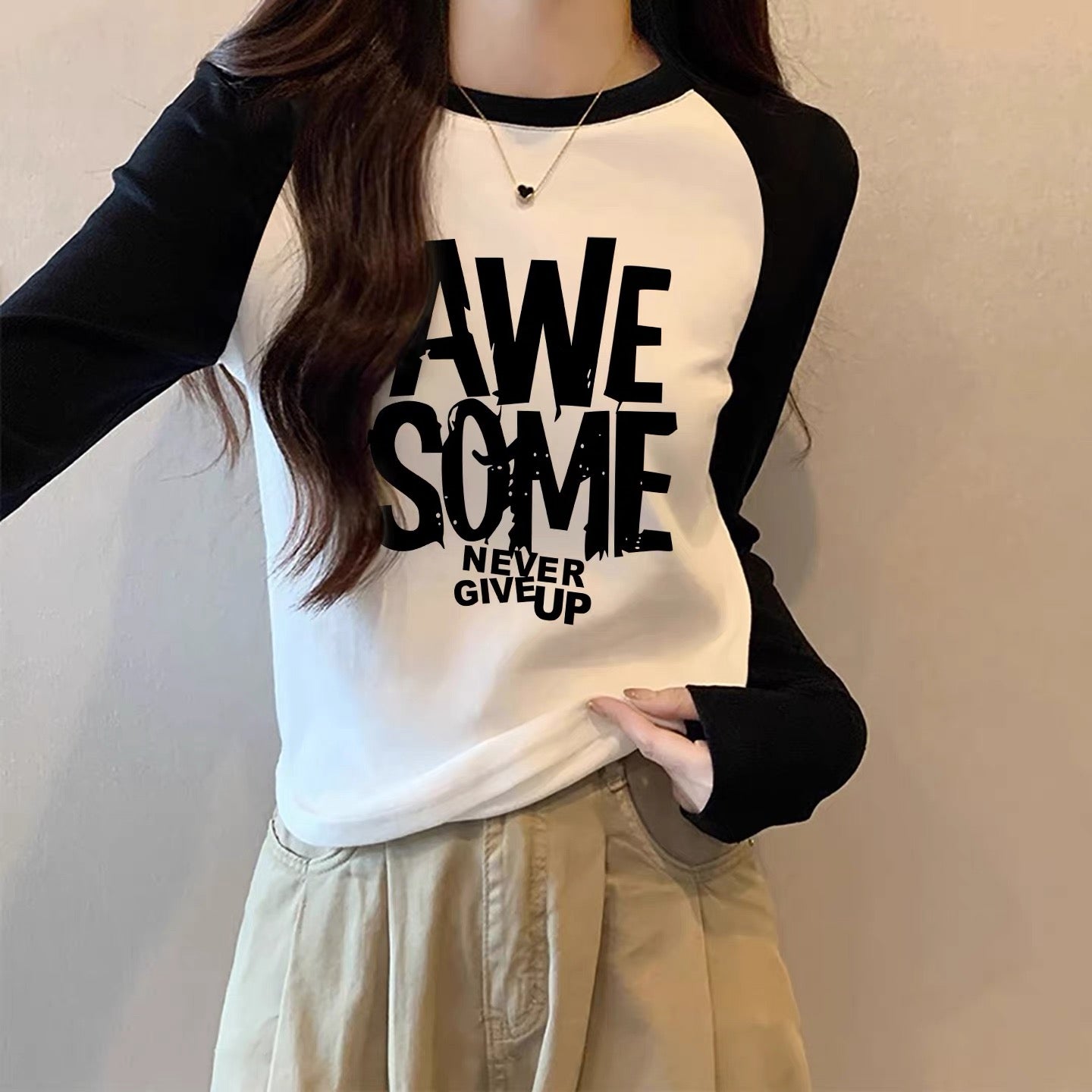 Contrast color pure cotton inner wear design sense splicing long-sleeved T-shirt female 2025 autumn and winter new European goods loose slim top M