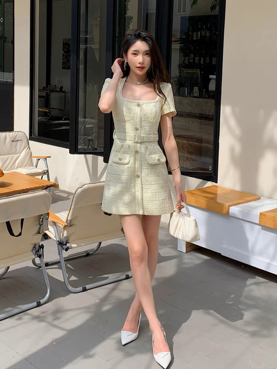Internet celebrity popular rich daughter lemon yellow short-sleeved small fragrant dress women's summer new slim short skirt (D167)