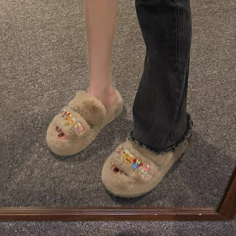 Cartoon cute thick-soled heightening children's fun furry slippers for women 2023 new autumn and winter versatile casual slippers for outer wear (S0710)