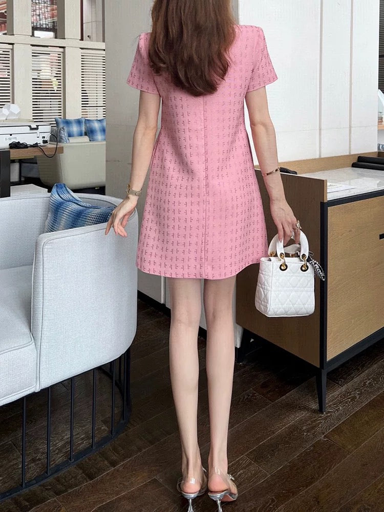 2023 new summer style high-end socialite temperament small fragrance heavy industry hot diamond short-sleeved slimming A-line dress to reduce age