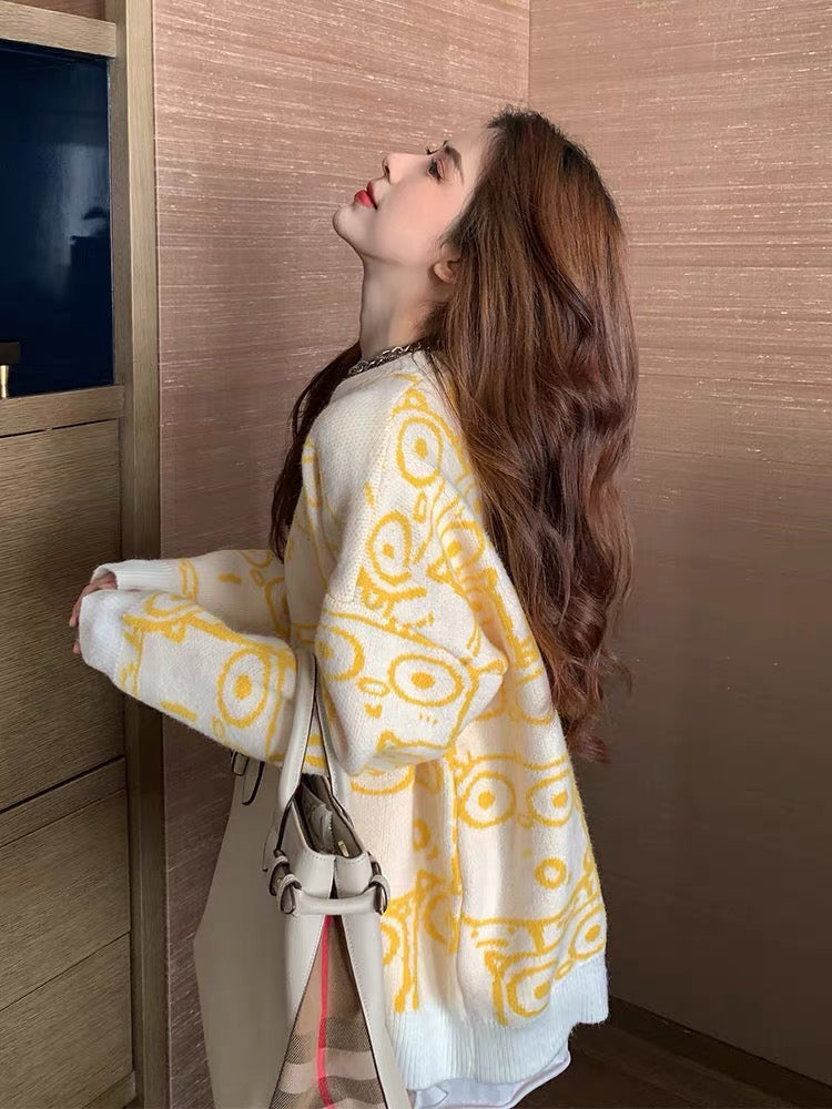 Calf soft milk yellow sweater women's loose Korean style mid-length top outer wear sweater autumn and winter coat head thickened T2374