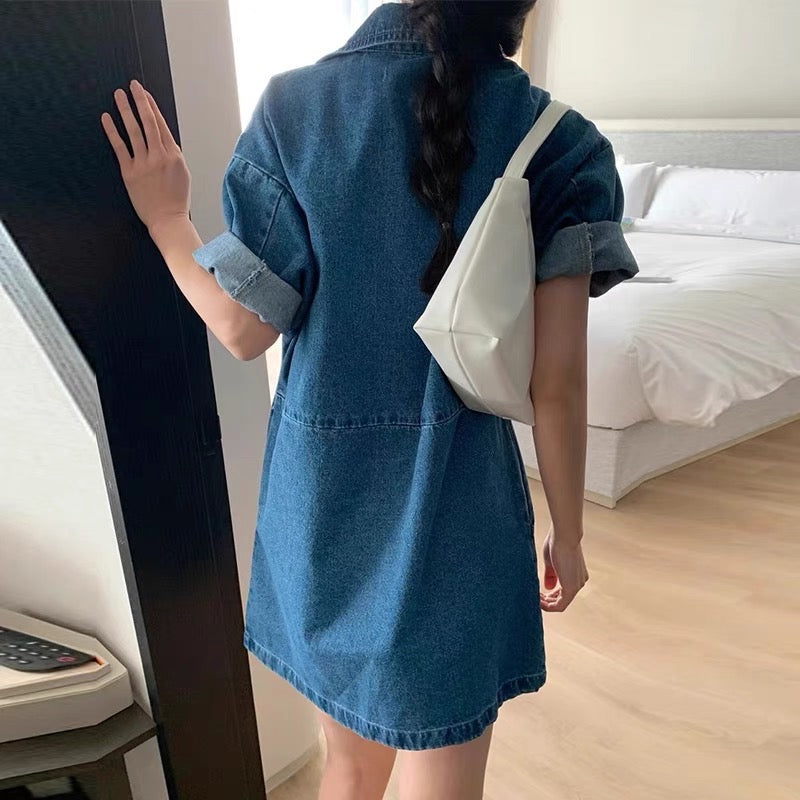 Korean chic summer retro temperament polo collar design sense niche loose curling short-sleeved denim dress female
