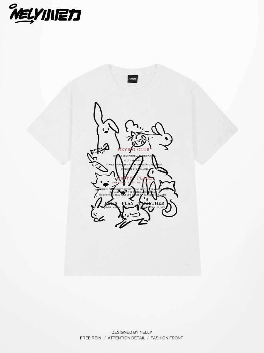Nely American retro rabbit cat print cotton short-sleeved T-shirt men and women trendy loose tops ins
