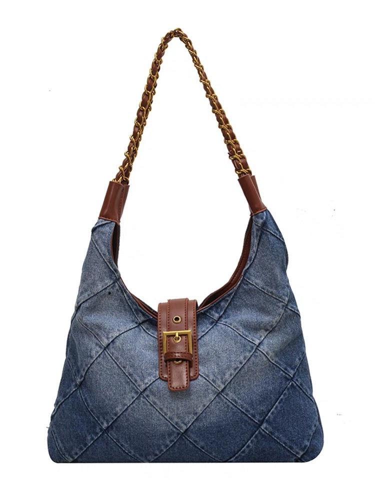 Simple casual color contrast portable large-capacity bag female 2023 new denim tote bag high-end shoulder bag