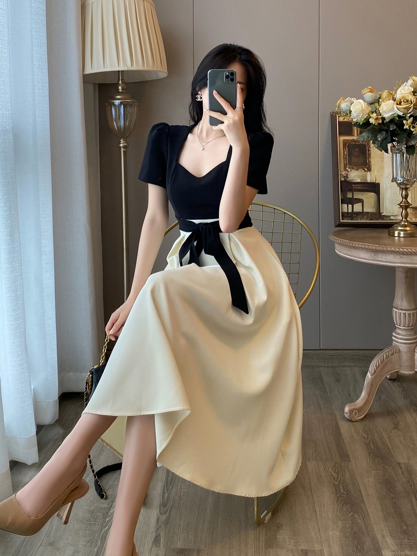 French style small fragrance square collar dress women 2023 summer new Hepburn style high-quality temperament high waist slimming dress