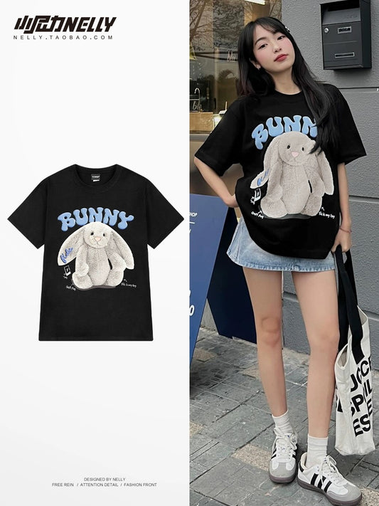2024 summer new pure cotton cute rabbit short-sleeved T-shirt for men and women American trendy brand half-sleeved loose casual T-shirt