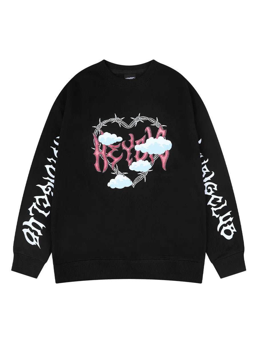 Love letter printed heavyweight sweatshirt autumn and winter trendy brand plus velvet round neck American retro youth jacket for men and women