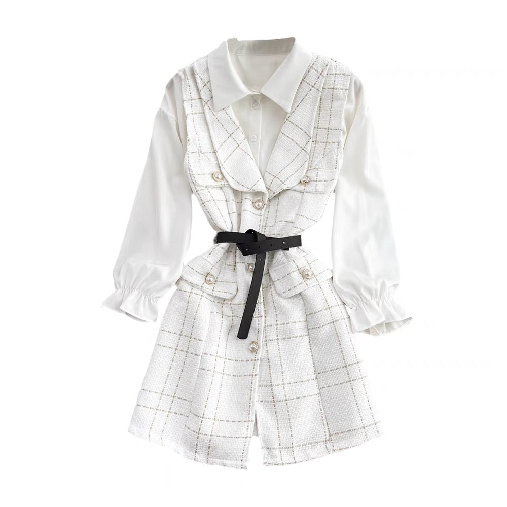 Goddess style lady temperament mid-length single-breasted tweed vest jacket two-piece loose white shirt autumn