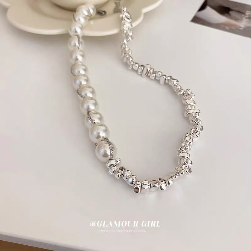 Broken Silver A Few Two Pearl Stitching Necklace Korean High-end Cold Wind Clavicle Chain Temperament Versatile Necklace
