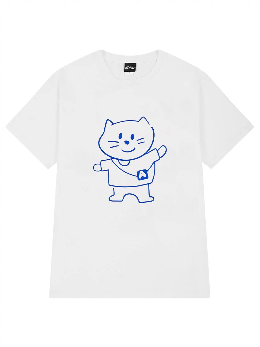 Heavy cartoon cat print short-sleeved men and women summer American high street versatile couple T-shirt loose casual top trend