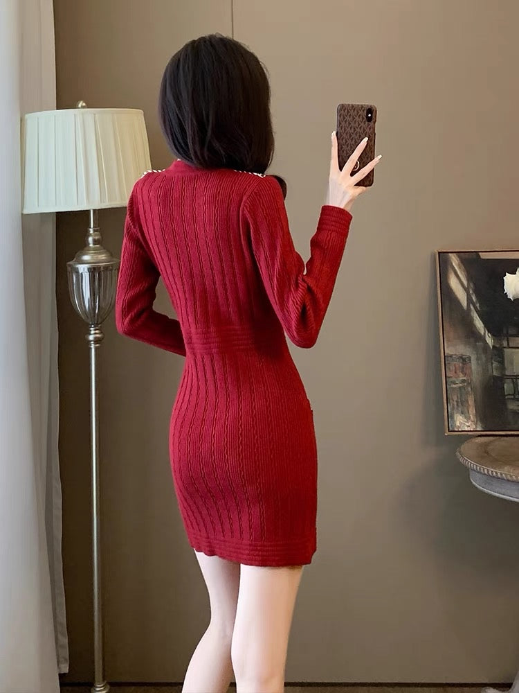 Lady style V-neck zodiac year knitted little red skirt women's autumn and winter new design double-breasted hip-hugging dress D7794