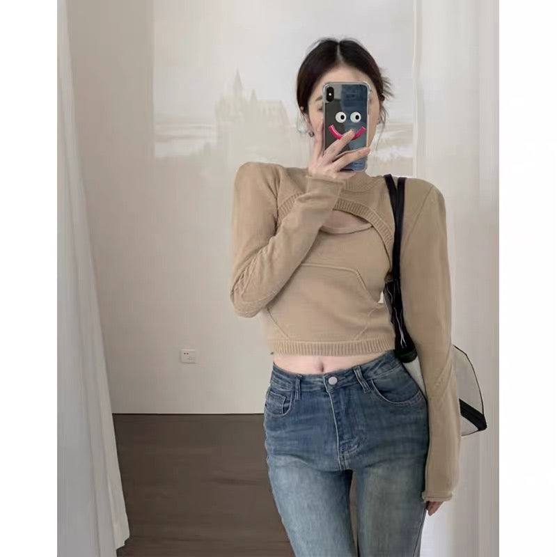 Designed hollow knitted sweater for women in autumn, Korean style, slim fit, versatile blouse and camisole two-piece set