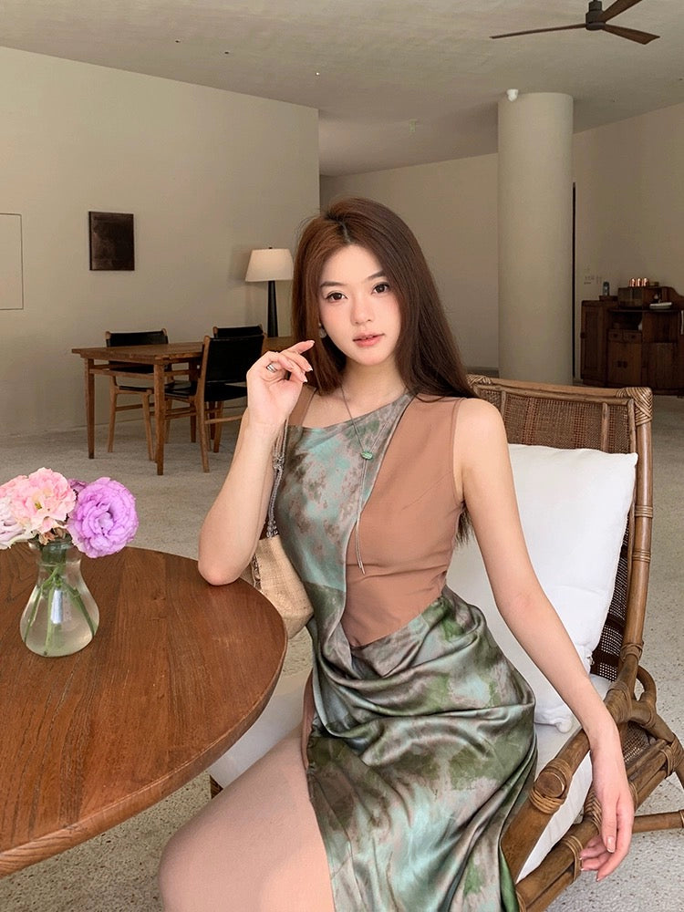 Purple floral dress women's spring new French style waist slimming v-neck puff sleeve long skirt