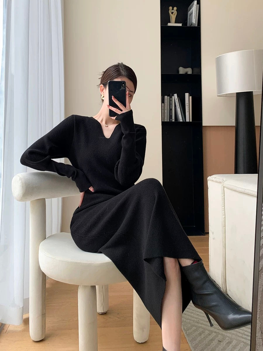 FT GUOGE black knitted dress for women 2023 autumn and winter new style French slimming with coat and bottoming skirt