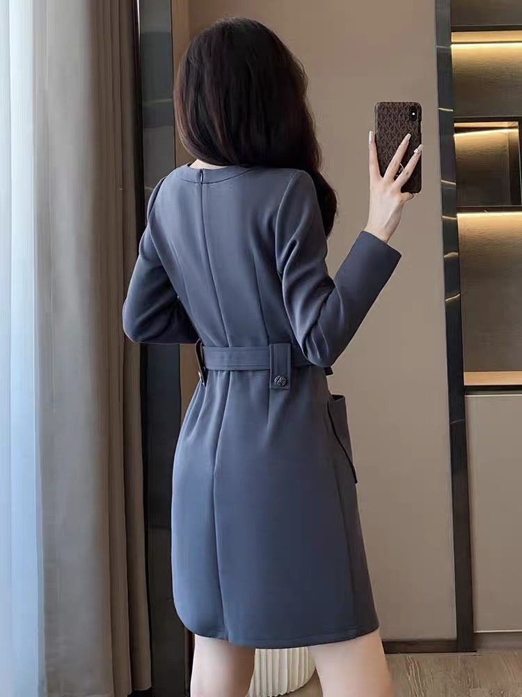 2023 Autumn New Simple Commuting Temperament Short Skirt Women's Light Luxurious Elegant Waist Slimming Long Sleeve Dress D7798
