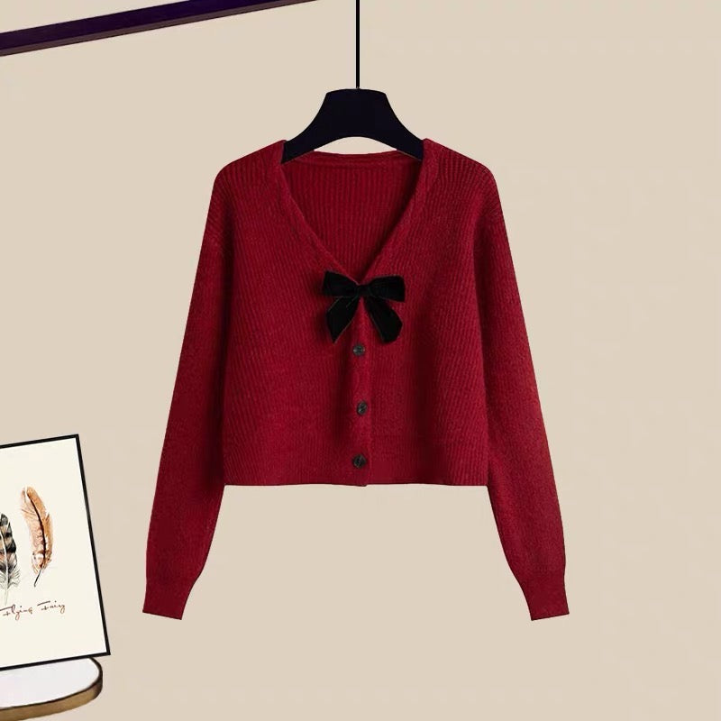 New autumn and winter women's suit skirt red bow sweater gold velvet dress two-piece set for women autumn