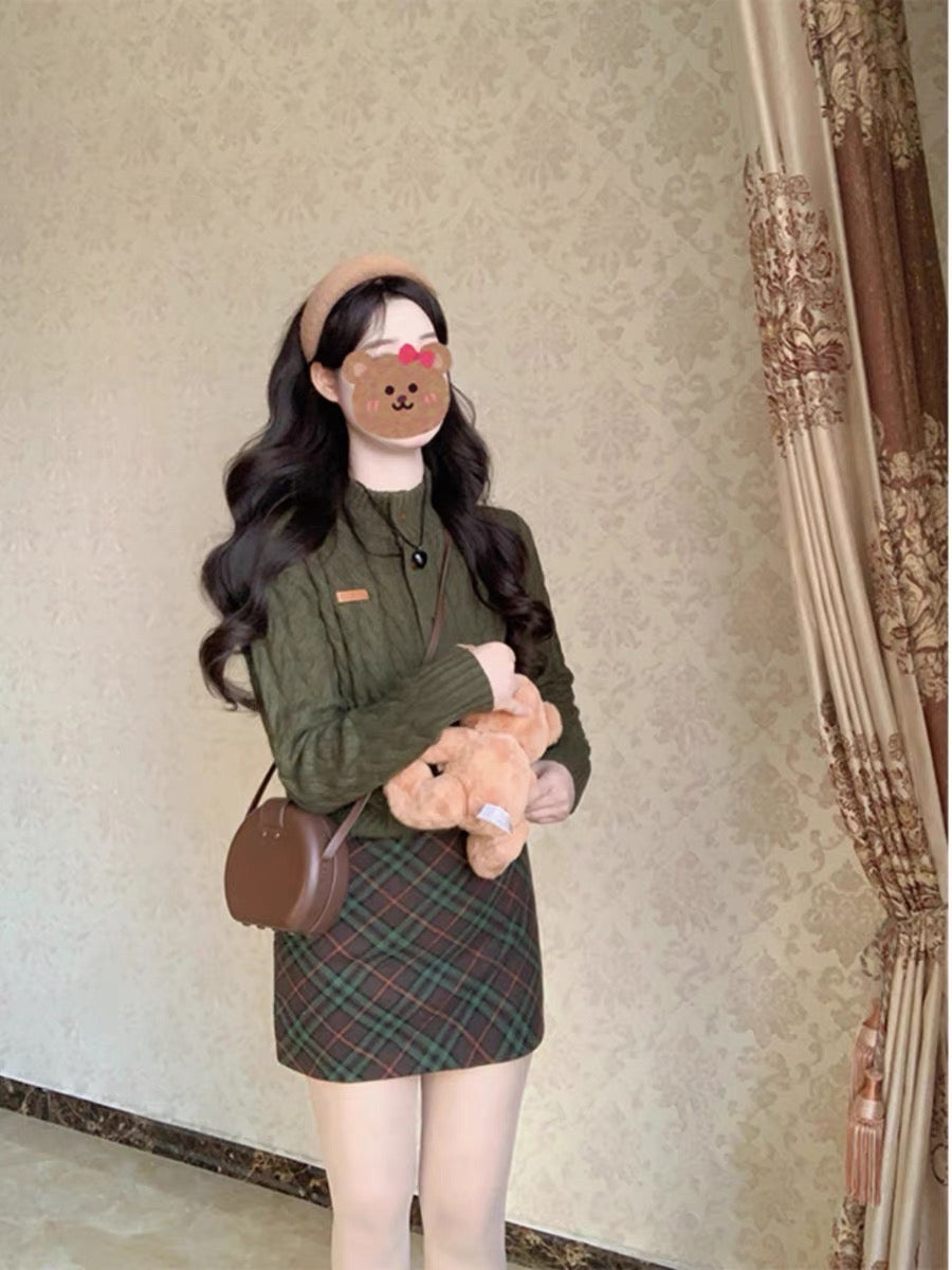 Milk retro green knitted cardigan sweater coat plaid skirt two-piece suit female small man autumn gentle
