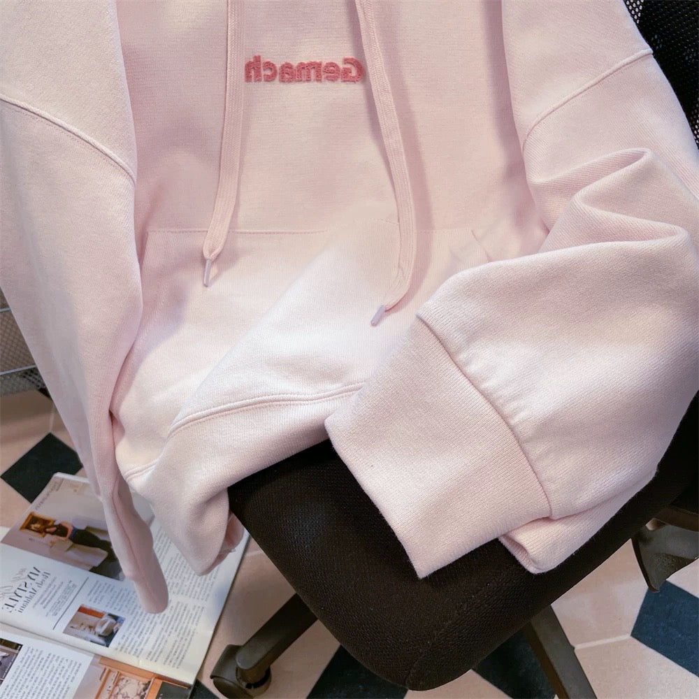 American style pink sweet and spicy letter embroidered hooded sweatshirt for men and women spring and autumn chic lazy Hong Kong style petite top