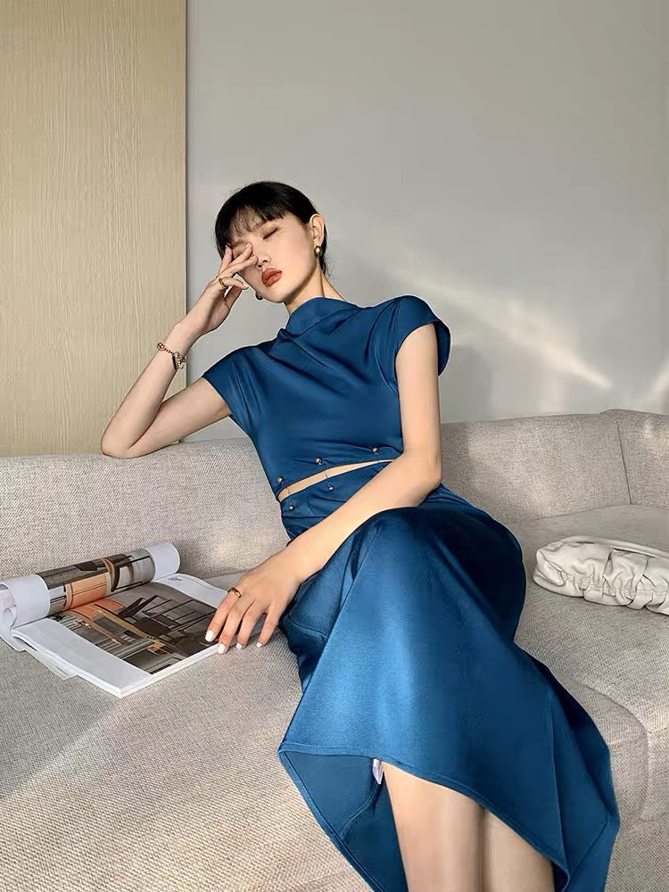 French dress for women 2023 spring and summer new style detachable bead buckle leaking waist temperament niche long skirt professional women's skirt