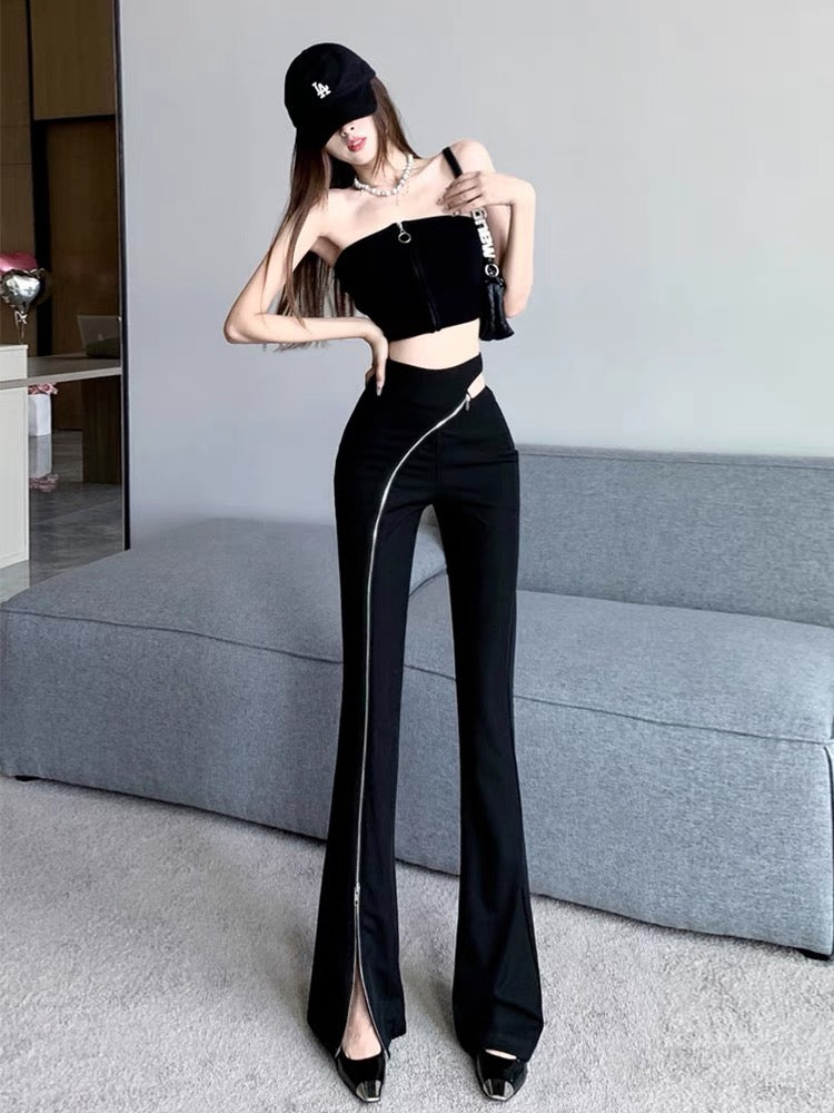 Autumn new high-end design dark style zippered tight horse hoof pants for women fashion slim casual pants (B3910)