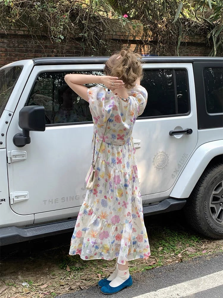 JC Vintage Store "Shimmer Galaxy" French retro floral dress women's summer vacation style puff sleeve long dress D379