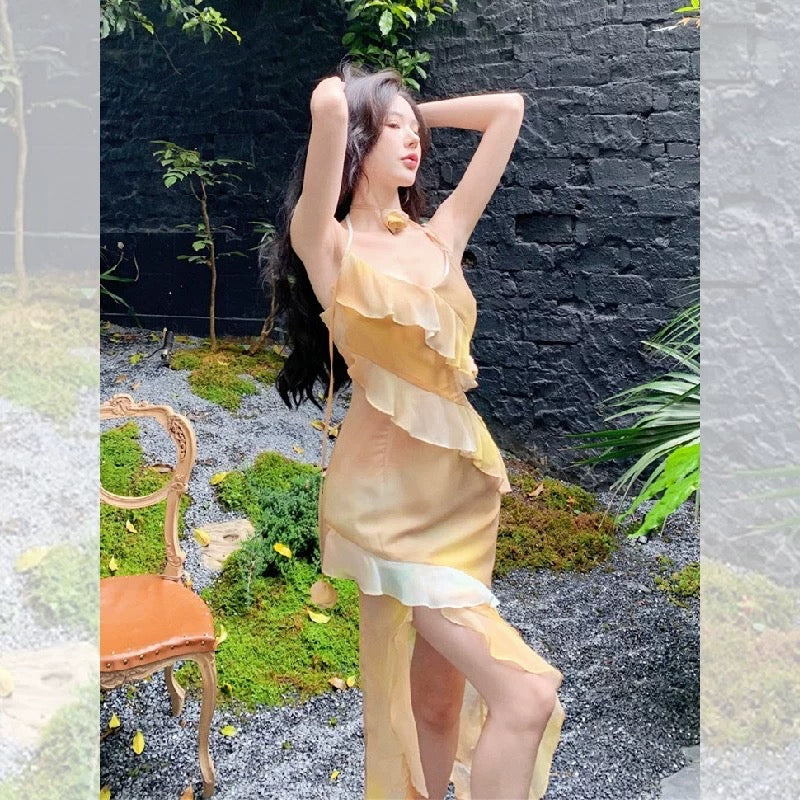 High-end exquisite smudged ruffles look thin tall mermaid halter neck strap dress 2023 new women's slit dress