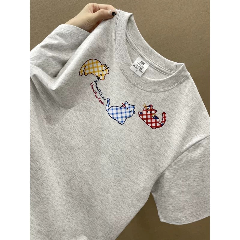 American style ins three bears printed cotton short-sleeved T-shirt men and women summer heavyweight all-match loose couple tops