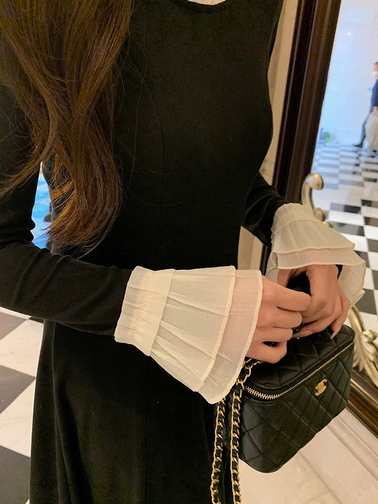 WITHMXBOOM Huihuijia slim long-sleeved dress for women in autumn and winter with a French design and elegant long skirt