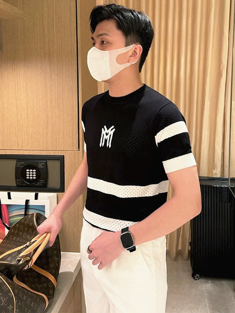 Summer trend embroidery color matching striped slim fit T-shirt men 2024 new casual mesh hollow knitted short sleeve men
