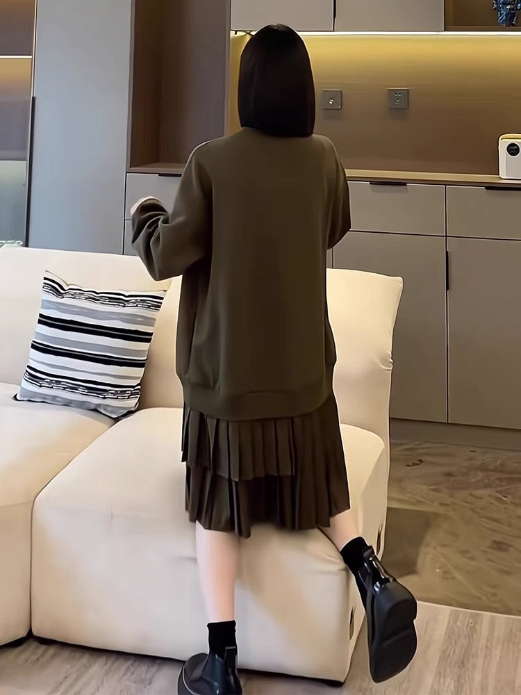 European women's early autumn high-end loose sweatshirt dress casual mid-length hem pleated splicing sweatshirt dress
