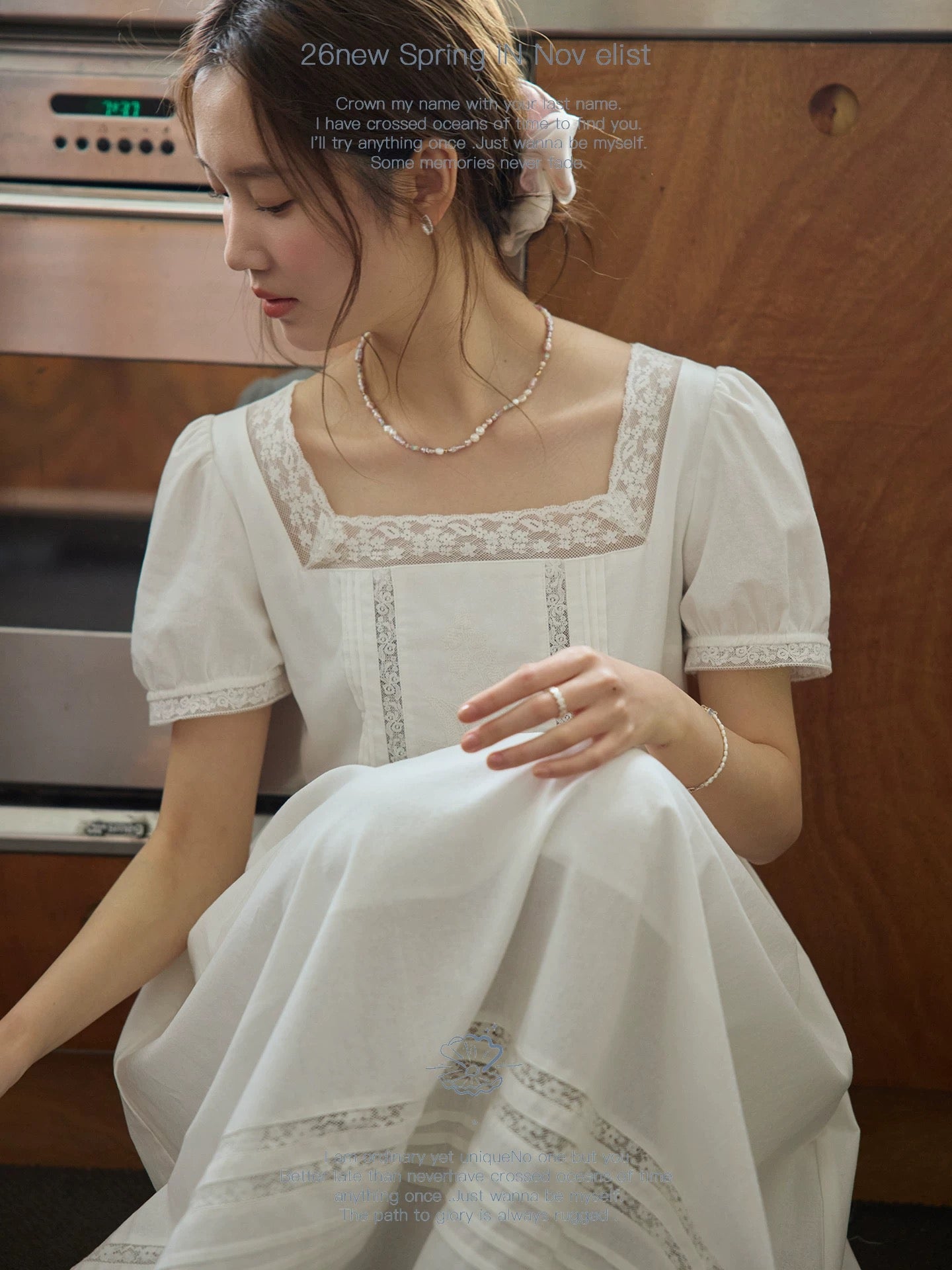 Nov elist heavy embroidery square neck dress with lace trim white skirt, new summer long dress