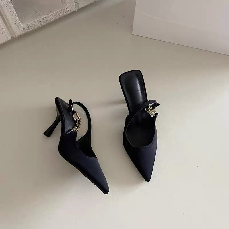 Heartbeat at a glance~! Pointed Chain Metal Denim Baotou High Heels Fashion Temperament Air Back Sandals Female Autumn