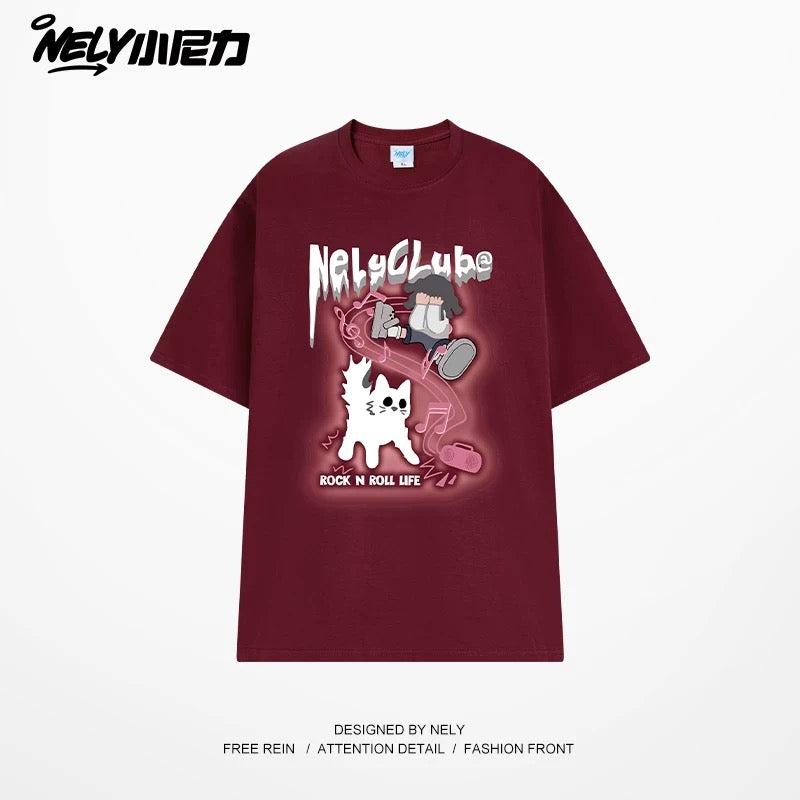 American cartoon cat print round neck short sleeve men and women summer 2025 couple pure cotton t-shirt half sleeve bottoming shirt trend