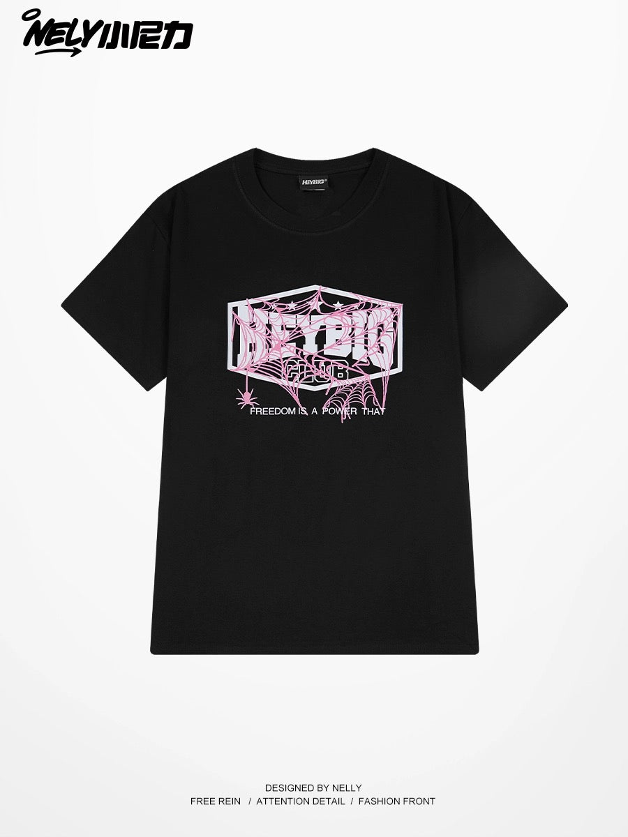 nely American high street vibe spider letter pure cotton short-sleeved T-shirt men and women summer all-match tops ins