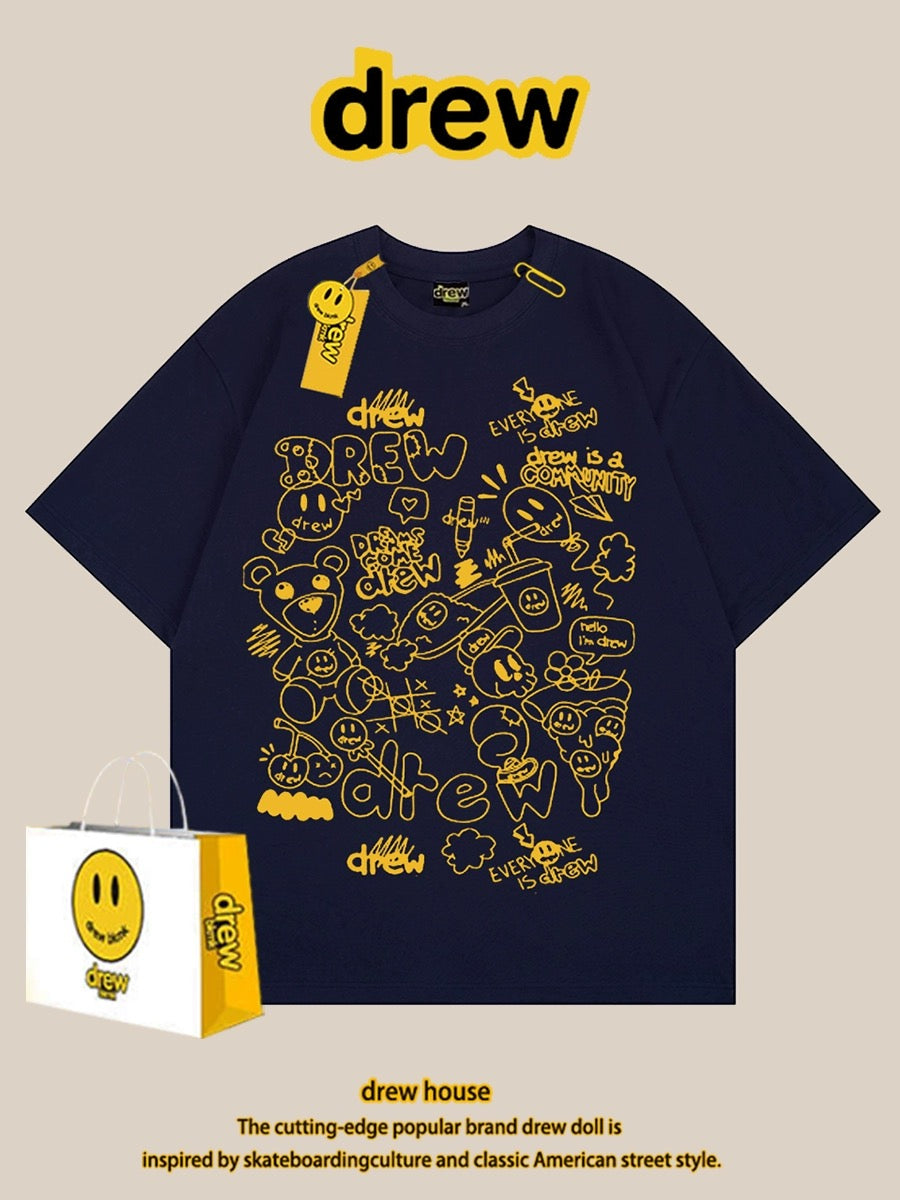 drew smiley face t-shirt short sleeves men and women summer ins European and American trendy brand super mario loose short sleeves versatile couple outfit