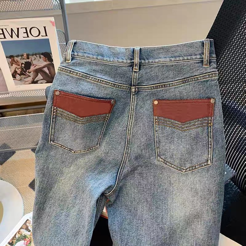 Hong Kong chic retro washed high-waisted jeans for women early autumn new design slim slim straight pants trendy