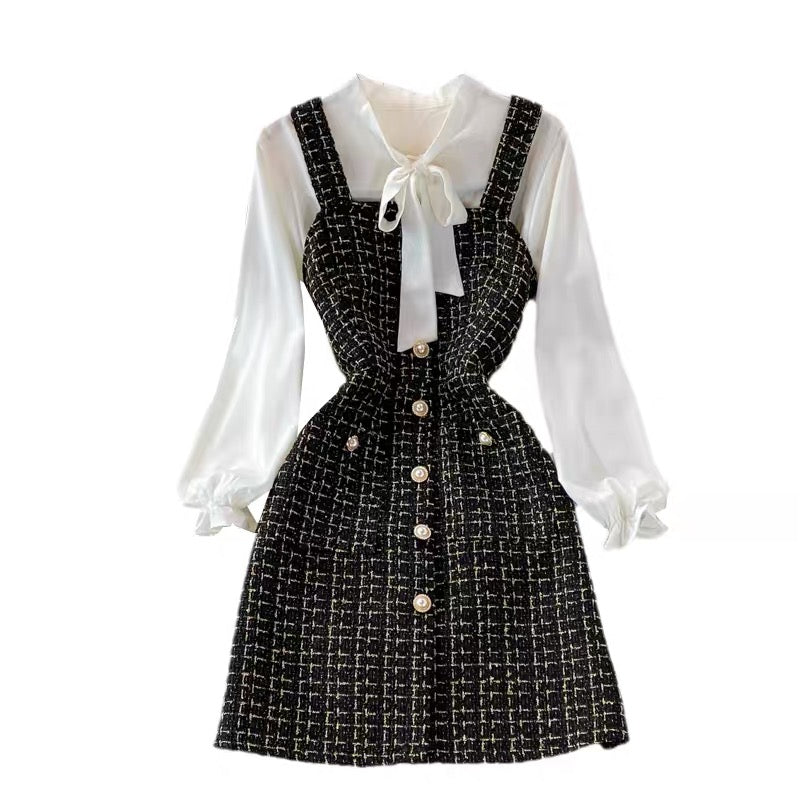 Autumn ladylike elegant bow tie shirt two-piece suit tweed plaid suspender dress