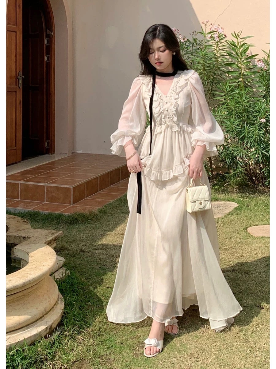 Tang Gongzi, palace-style French white dress, high-end niche, ruffled waist and drapey fairy dress