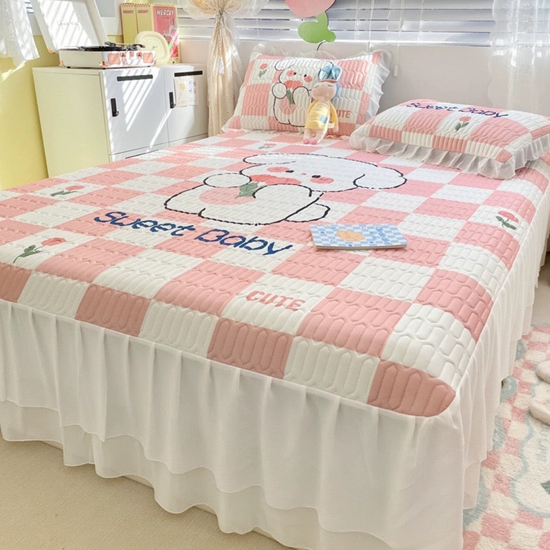 Summer printed bed skirt latex ice silk mat three-piece set princess style bed sheet air conditioning mattress mat machine washable