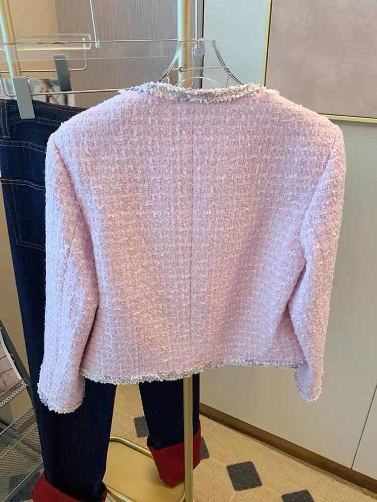 Xiaoxiangfeng pink heavy woven tweed short coat for women 2023 autumn and winter new style lady chic slimming top