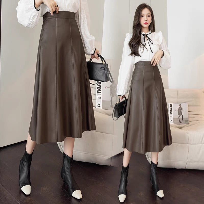 Leather skirt skirt for women 2023 autumn new style hip-hugging skirt high waist large swing umbrella skirt mid-length a-line slimming long skirt