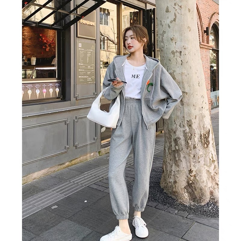Casual sports gray hooded sweatshirt suit women's fashion 2023 autumn high-waist slimming leggings two-piece trendy set