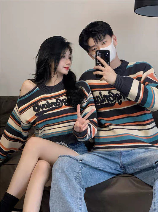 Couple clothing autumn and winter 2023 new trendy brand striped sweaters for men and women, one long and one short, lazy style high-end knitted sweaters