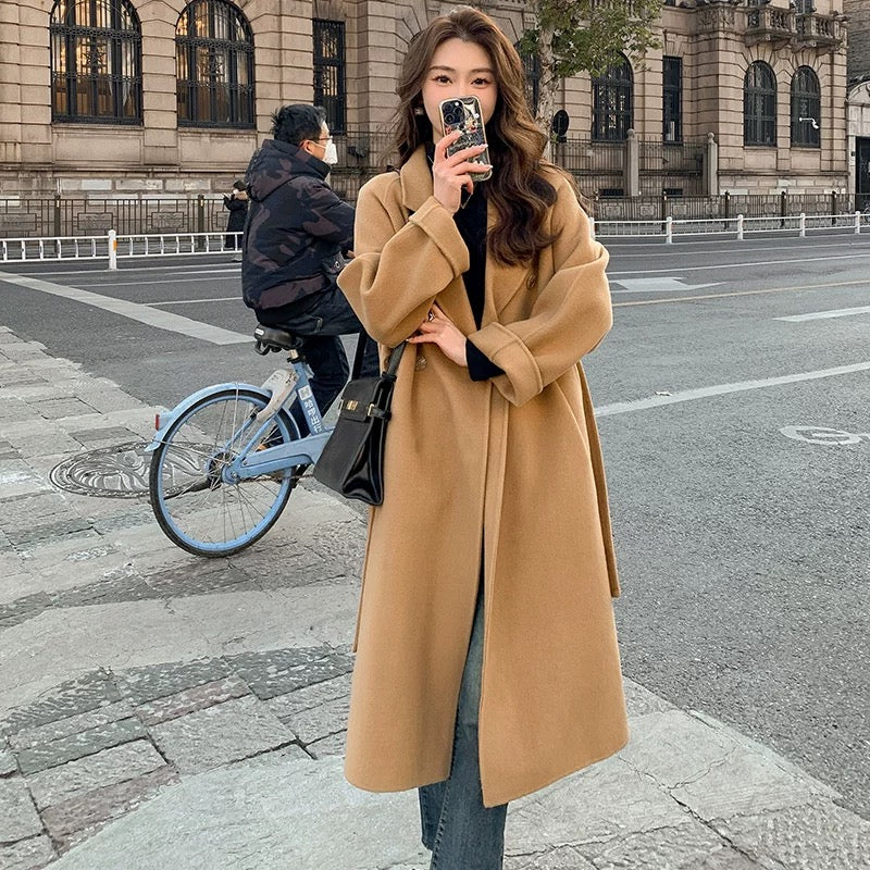 Pink double-faced velvet coat for women 2024 autumn and winter new Korean style loose mid-length lace-up woolen coat