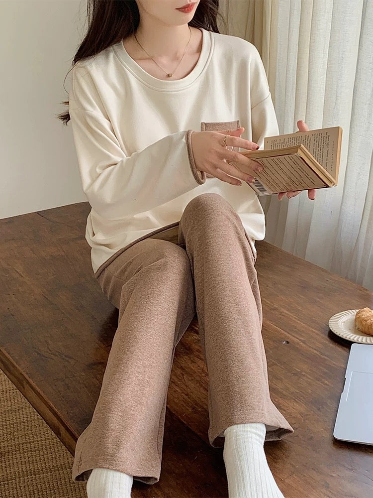 DeRong Pajamas Women's Spring, Autumn and Winter Thickened Long Sleeves with Chest Pads 2023 New Thin Velvet Brushed Apricot Brown Home Clothes