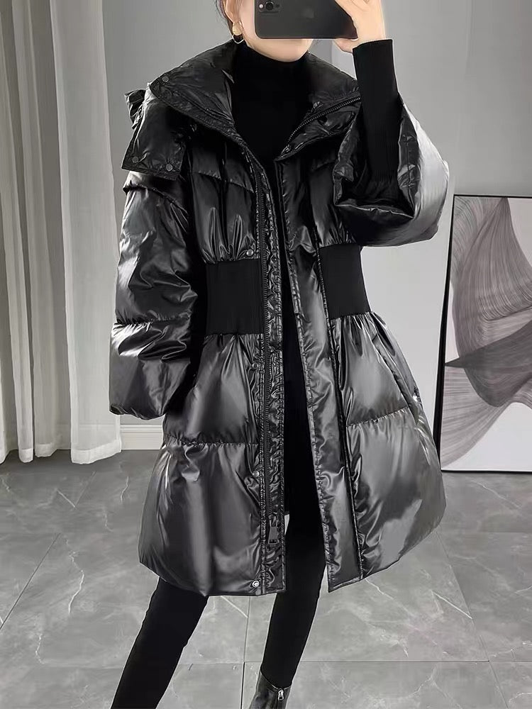 Black glossy down jacket for women 2023 new winter Korean style slimming women's mid-length thickened jacket