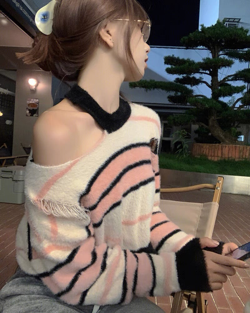 Short ripped striped sweater for women autumn and winter 2023 new sweet and spicy style soft and waxy off-shoulder loose versatile pullover sweater